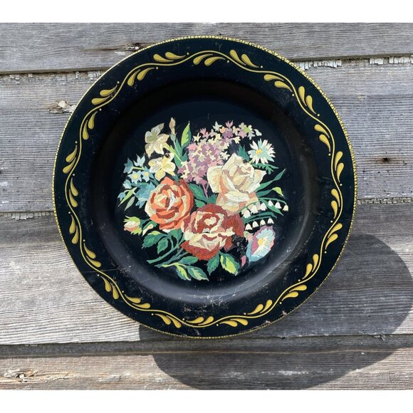 Antique 1930s Metal Toleware Hand Painted wall Plate Roses Flowers - Picture 12 of 16